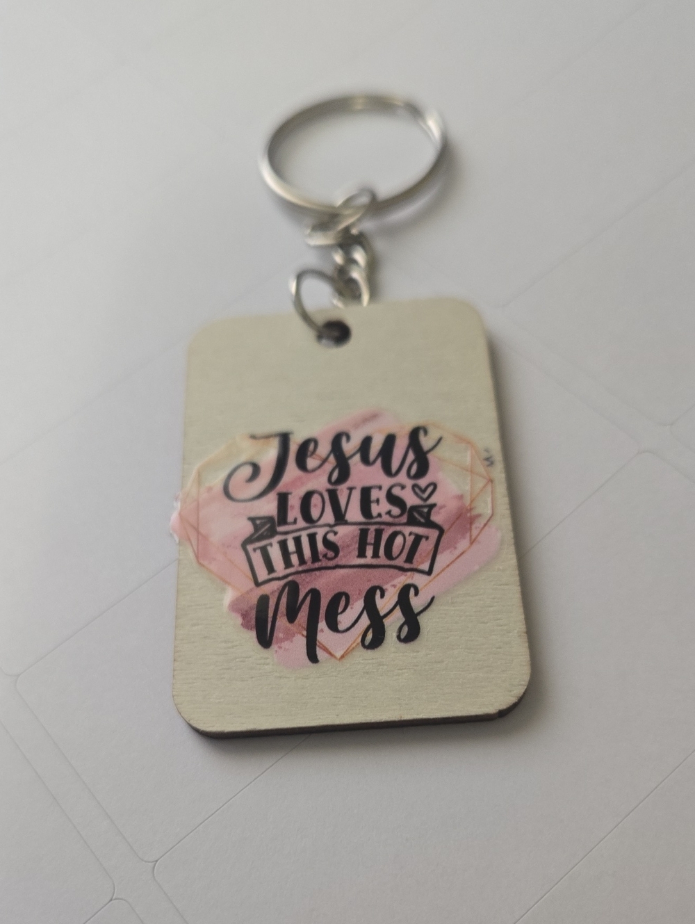Handmade Christian Humor Keychain – “Jesus Loves This Hot Mess” Bag Charm. Key05